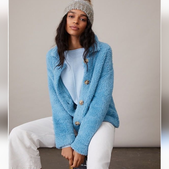 AMADI x Anthropologie Danika Fuzzy Teddy Sky Jacket Coat - Picture 2 of 11
